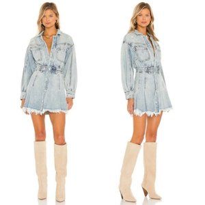 Free People Denim Dress Fringe Size Large Chain of Command Blue Jean Button Down
